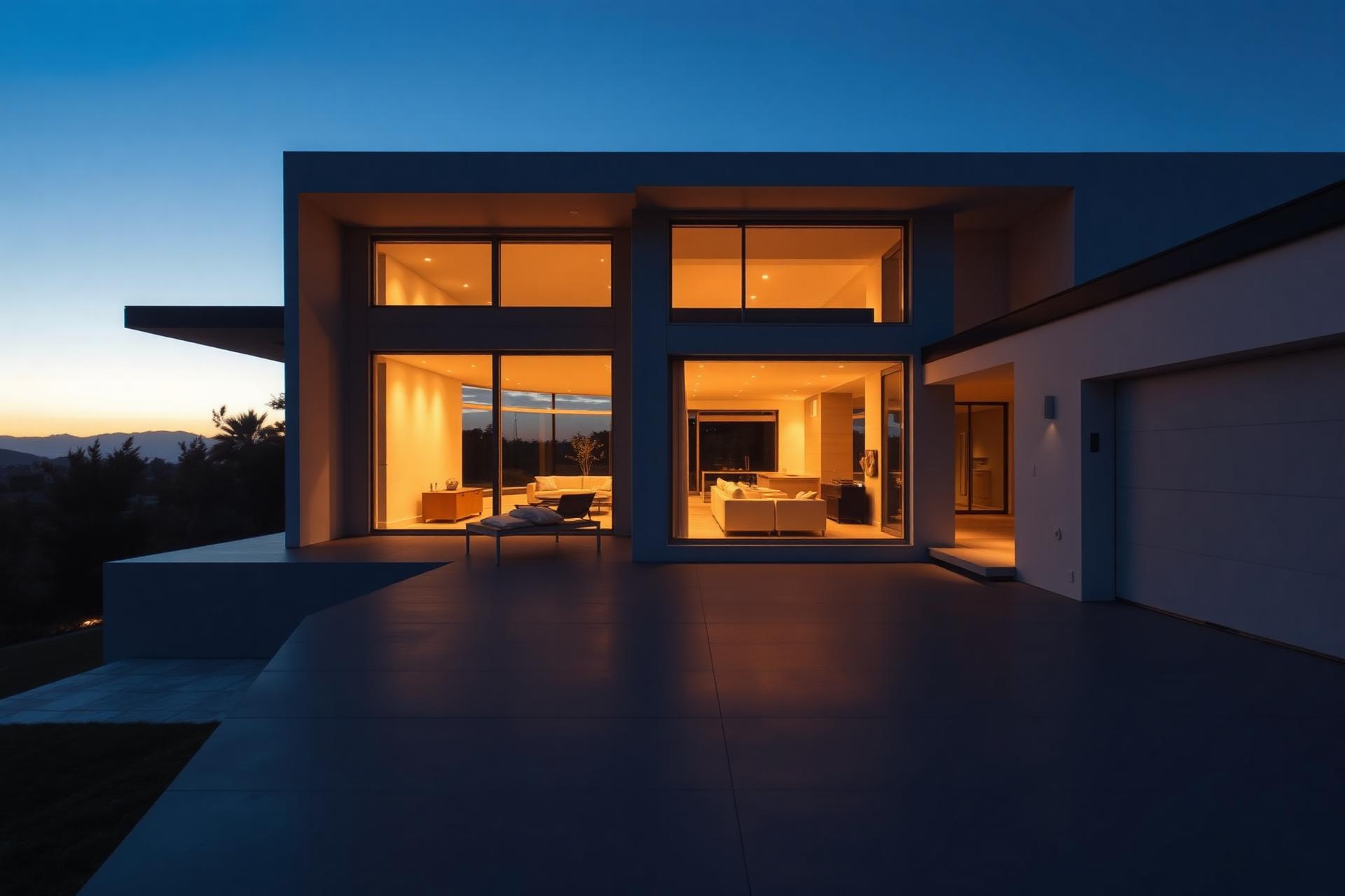 Luxury modern Oxnard home at dusk with warm interior lighting